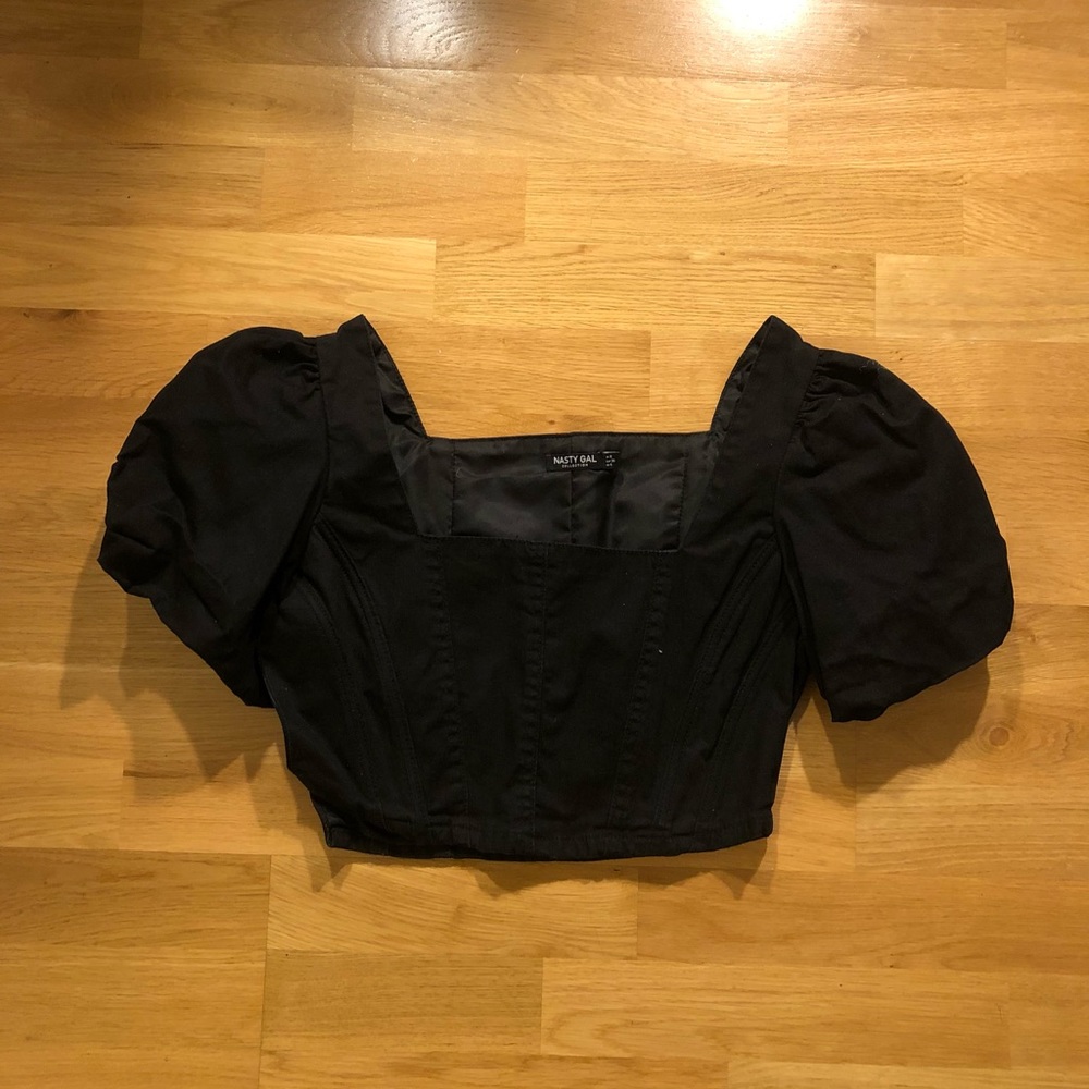 Nasty Gal Cropped Black Shirt with Puffed Sleeves
